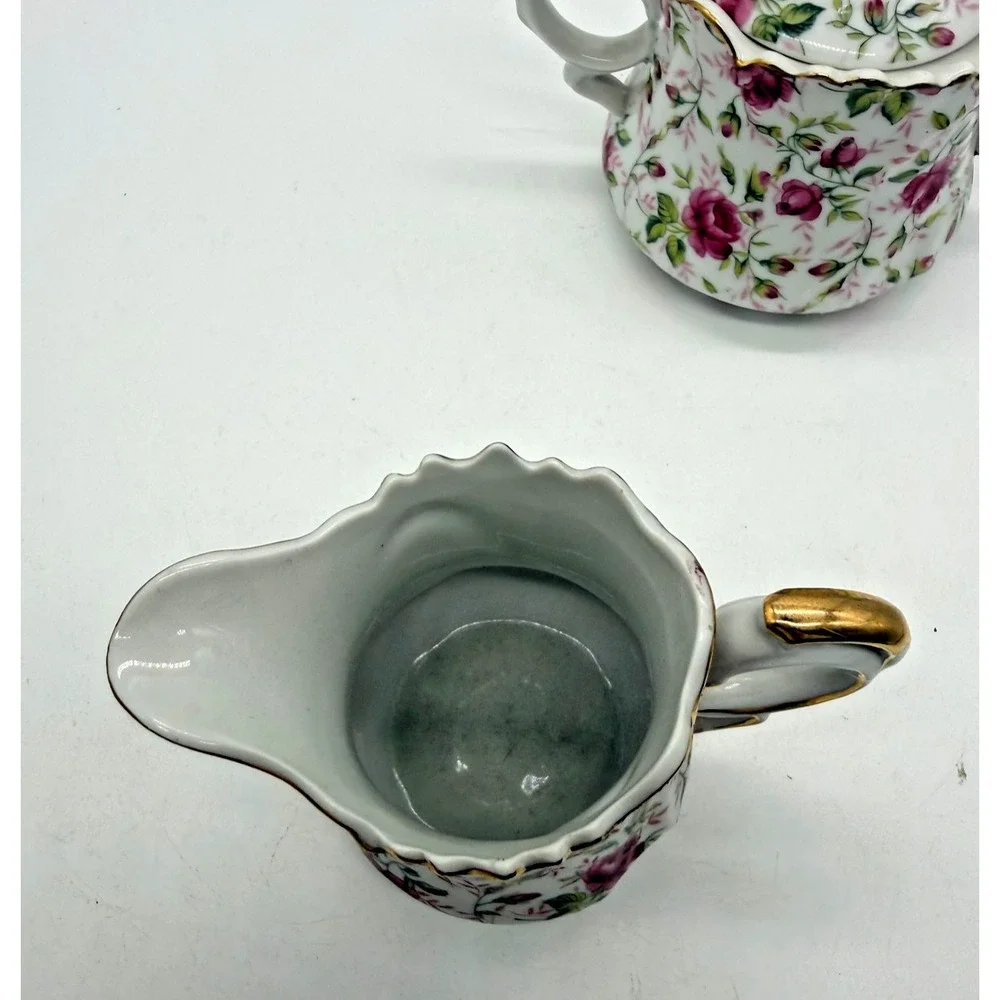 VINTAGE LEFTON PINK ROSE CHINTZ COVERED SUGAR BOWL & CREAMER SET COTTAGECORE